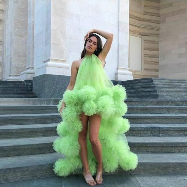 Neon Green Sexy Long Evening Formal Dresses robe de soiree Hi Low Ruffle Tulle Elegant Evening Gown Halter Party Dresses 1