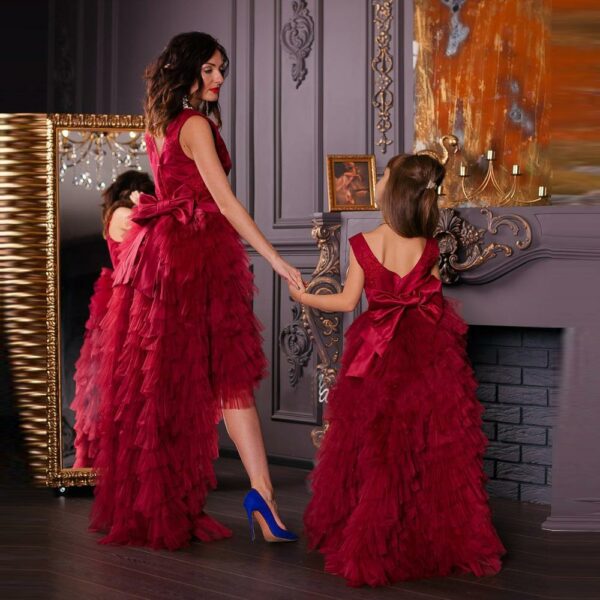 Burgundy Mommy & Me High Low Tulle Puffy Dress Floor Length Ruffled Tiered Dresses Women Fromal Party Gown Bow Custom made 1